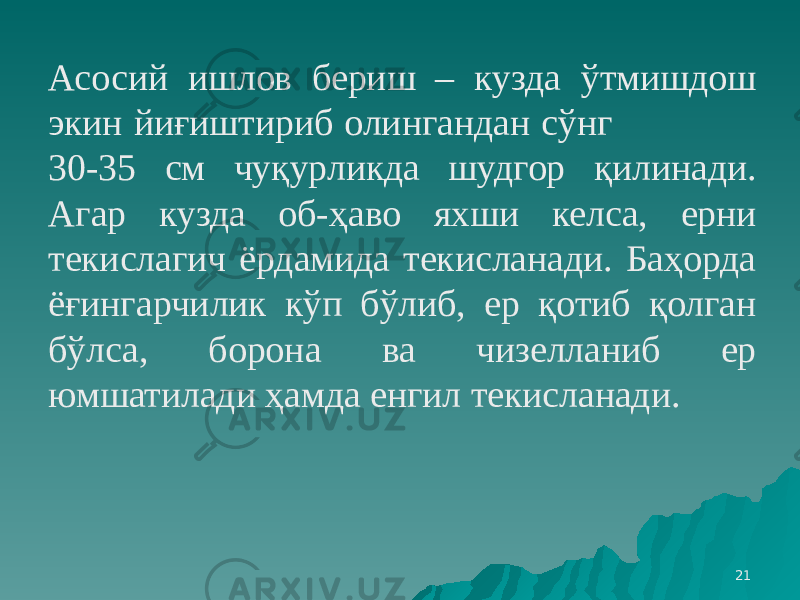 21Асосий ишлов бериш – кузда ўтмишдош экин йиғиштириб олингандан сўнг 30-35 см чуқурликда шудгор қилинади. Агар кузда об-ҳаво яхши келса, ерни текислагич ёрдамида текисланади. Баҳорда ёғингарчилик кўп бўлиб, ер қотиб қолган бўлса, борона ва чизелланиб ер юмшатилади ҳамда енгил текисланади. 