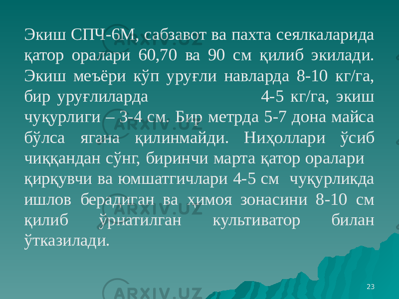 23Экиш СПЧ-6М, сабзавот ва пахта сеялкаларида қатор оралари 60,70 ва 90 см қилиб экилади. Экиш меъёри кўп уруғли навларда 8-10 кг/га, бир уруғлиларда 4-5 кг/га, экиш чуқурлиги – 3-4 см. Бир метрда 5-7 дона майса бўлса ягана қилинмайди. Ниҳоллари ўсиб чиққандан сўнг, биринчи марта қатор оралари қирқувчи ва юмшатгичлари 4-5 см чуқурликда ишлов берадиган ва ҳимоя зонасини 8-10 см қилиб ўрнатилган культиватор билан ўтказилади. 