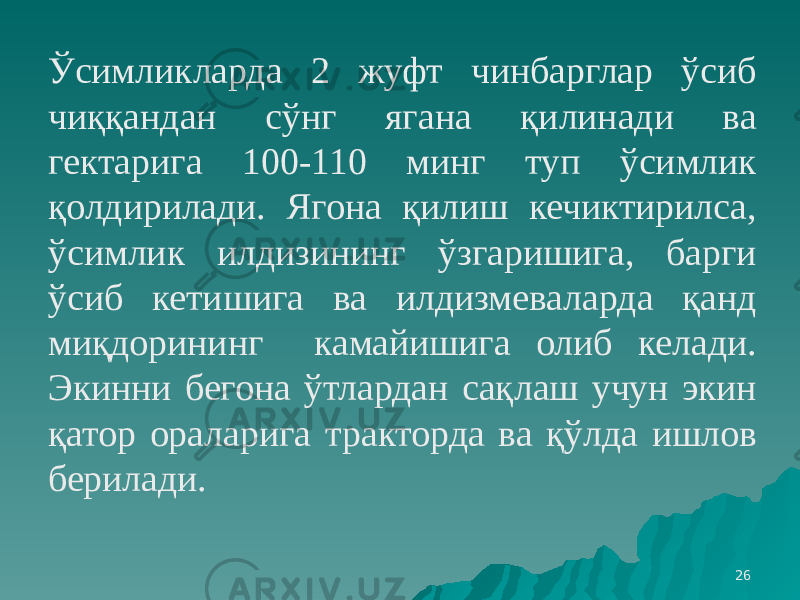 26Ўсимликларда 2 жуфт чинбарглар ўсиб чиққандан сўнг ягана қилинади ва гектарига 100-110 минг туп ўсимлик қолдирилади. Ягона қилиш кечиктирилса, ўсимлик илдизининг ўзгаришига, барги ўсиб кетишига ва илдизмеваларда қанд миқдорининг камайишига олиб келади. Экинни бегона ўтлардан сақлаш учун экин қатор ораларига тракторда ва қўлда ишлов берилади. 