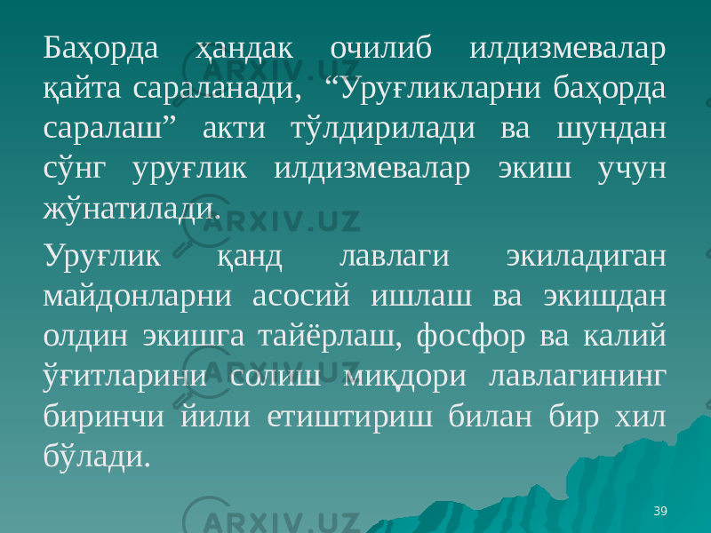 39Баҳорда ҳандак очилиб илдизмевалар қайта сараланади, “Уруғликларни баҳорда саралаш” акти тўлдирилади ва шундан сўнг уруғлик илдизмевалар экиш учун жўнатилади. Уруғлик қанд лавлаги экиладиган майдонларни асосий ишлаш ва экишдан олдин экишга тайёрлаш, фосфор ва калий ўғитларини солиш миқдори лавлагининг биринчи йили етиштириш билан бир хил бўлади. 