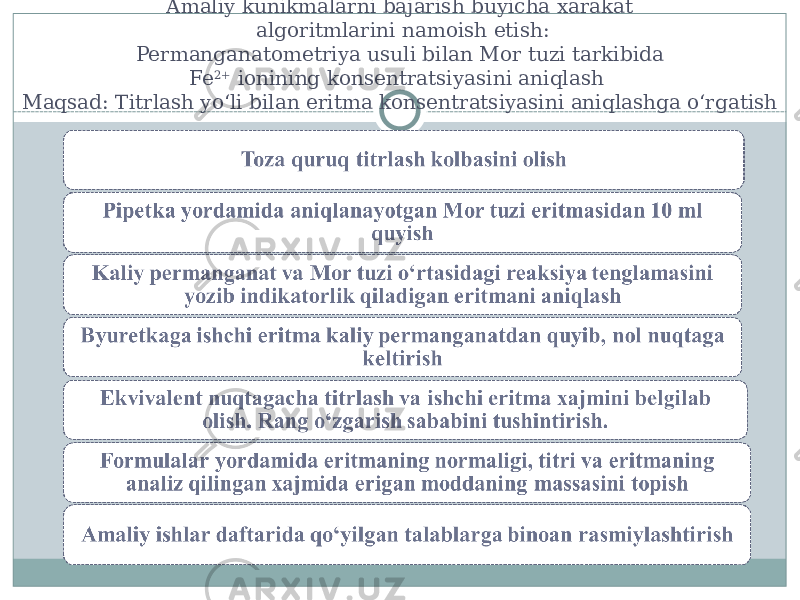 Amaliy kunikmalarni bajarish buyicha xarakat algoritmlarini namoish etish: Permanganatometriya usuli bilan Mor tuzi tarkibida Fe 2+ ionining konsentratsiyasini aniqlash Maqsad: Titrlash yо‘li bilan eritma konsentratsiyasini aniqlashga о‘rgatish 