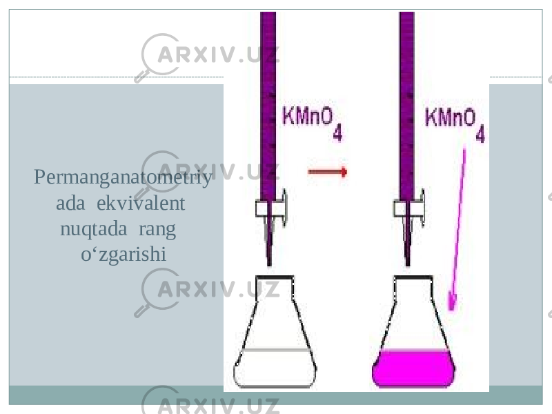 Permanganatometriy ada ekvivalent nuqtada rang о‘zgarishi 