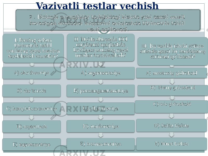 Vaziyatli testlar yechish 2 . Biologik suyuqliklar tarkibidagi kislota yoki asosli muxit beradigan moddalar miqdorini aniqlashda titrimetrik tahlil usuli qо‘llanadi. 