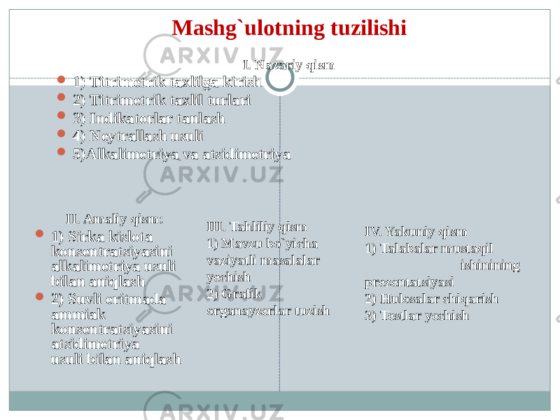 Mashg`ulotning tuzilishi I. Nazariy qism  1) Titrimetrik taxlilga kirish  2) Titrimetrik taxlil turlari  3) Indikatorlar tanlash  4) Neytrallash usuli  5)Alkalimetriya va atsidimetriya   II. Amaliy qism:  1) Sirka kislota konsentratsiyasini alkalimetriya usuli bilan aniqlash  2) Suvli eritmada ammiak konsentratsiyasini atsidimetriya usuli bilan aniqlash III. Tahliliy qism 1) Mavzu bo`yicha vaziyatli masalalar yechish 2) Grafik organayzerlar tuzish IV. Yakuniy qism 1) Talabalar mustaqil ishinining prezentatsiyasi 2) Hulosalar chiqarish 3) Testlar yechish 