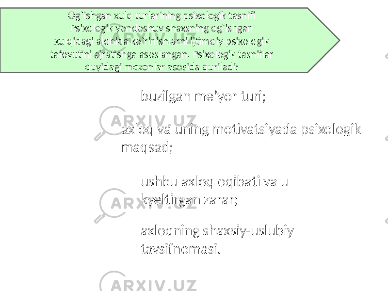 Og`ishgan xulq turlarining psixologik tasnifi Psixologik yondoshuv shaxsning og`ishgan xulqidagi alohida ko`rinishlarni ijtimoiy-psixologik tafovutini ajratishga asoslangan. Psixologik tasniflar quyidagi mezonlar asosida quriladi:  buzilgan me’yor turi; axloq va uning motivatsiyada psixologik maqsad;   ushbu axloq oqibati va u kyeltirgan zarar;  axloqning shaxsiy-uslubiy tavsifnomasi. 