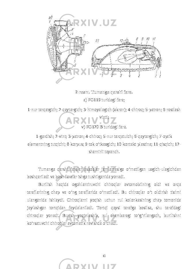 2-rasm. Tumanga qarshi fara. a) FG119 turidagi fara; 1-nur tarqatgich; 2-qaytargich; 3-himoyalagich (ekran); 4-chiroq; 5-patron; 6-rostlash vinti; v) FG120 B turidagi fara. 1-gardish; 2-vint; 3-patron; 4-chiroq; 5-nur tarqatuich; 6-qaytargich; 7-optik elementning tutqichi; 8-korpus; 9-tok o’tkazgich; 10-kontakt plastina; 11-qisqich; 12- sharnirli tayanch. Tumanga qarshi faralar asboblar jamlamasiga o’rnatilgan uzgich-ulagichdan boshqariladi va bosh faralar ishga tushilganida yonadi. Burilish haqida ogohlantiruvchi chiroqlar avtomobilning oldi va orqa taraflarining chap va o’ng taraflarida o’rnatiladi. Bu chiroqlar o’t oldirish tizimi ulanganida ishlaydi. Chiroqlarni yoqish uchun rul kolonkasining chap tomonida joylashgan tortqidan foydalaniladi. Tortqi qaysi tarafga bosilsa, shu tarafdagi chiroqlar yonadi. Burish yaqinlashib, rul chambaragi to’g’rilangach, burilishni ko’rsatuvchi chiroqlar avtomatik ravishda o’chadi. 10 