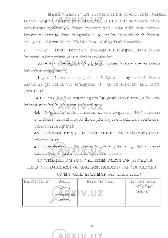 Maxsus moslamalar faqat bir xil ishni bajarish imkonini beradi. Masalan : avtomobilning old osmasining prujinasini qisib bo’shatib olish va o’rnatish uchun mo’ljallangan moslama yoki klapan prujinasini siqib undagi qulfni olish imkonini beruvchi moslama. Moslamalarning turlari ko’p ular bilan o’quv yoki ishlab chiqarish amaliyotida ish davomida tanishib, ishlash usulini o’rganib olish mumkin. 4. Jihozlar - asosan avtomobilni qismlarga ajratish-yig’ish, texnik xizmat ko’rsatish, tashxiz qo’yish va ta’mirlashda foydalaniladi. Avtomobilni qismlarga ajratish-yig’ishda quyidagi jihozlarni namuna sifatida ko’rsatib o’tamiz. (rasmlar). .1. yoki 4.2. avtomobil dvigatelini ko’tarish uchun foydalaniladi. Albatta mavjud bo’lgan boshqa yuk ko’targichlar ham har xil sharoitdan kelib chiqib foydalaniladi. 4.1. Gidravlik yuk ko’targichning afzalligi yengil xarakatlanishi, yukni oson ko’tarish va tushirishi uchun kam kuch sarflashi. 4.4. Dvigatelni o’rnatib mahkamlash stendida dvigatellarni 360 ° burchakka aylantirish imkoniyati mavjud. Bu dvigatelning barcha detallarini yechib olish uchun qulaylik tug’diradi. 4.5. Gidropress taranglik bilan birikkan detallarni bosib chiqarish yokikiritish imkonini beradi. 4.6. Gidrodomkrat yukni ko’tarish uchun juda qulay bo’lib undan detallarniyechish yoki o’rnatishda foydalanish mumkin. AVTOMOBILNING YORITISH TIZIMI ASBOBLARINI TEX NIK HOLATINI BAHOLASH VA ROSTLASH ISHLARINING TEXNOLOGIK KETMA-KETLIGI (DAMAS avtomobili misolida) Faoliyat turlari Asbob uskuna, moslama va ashyo. Rasm (ko’rinish) Ish bajarishda quyiladigan talablar. 17 