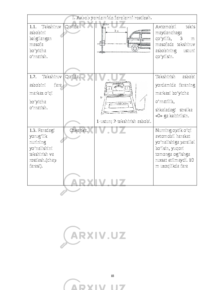 I. Asbob yordamida faralarni rostlash. 1.1. Tekshiruv asbobini belgilangan masofa bo’yicha o’rnatish. Qo’lda Avtomobil tekis maydonchaga qo’yilib, 3 m masofada tekshiruv asbobining ustuni qo’yilsin. 1.2. Tekshiruv asbobini fara markaz o’qi bo’yicha o’rnatish. Qo’lda. 1-ustun; 2-tekshirish asbobi. Tekshirish asbobi yordamida faraning markazi bo’yicha o’rnatilib, shkaladagi strelka «0» ga keltirilsin. 1.3. Faradagi yorug’lik nurining yo’nalishini tekshirish va rostlash.(chap farasi). Otvertka. Nurning optik o ’ qi avtomobil harakat yo ’ nalishiga parallel bo ’ lsin , yuqori tomonga og ’ ishga ruxsat etilmaydi . 10 m uzoqlikda fara 18 