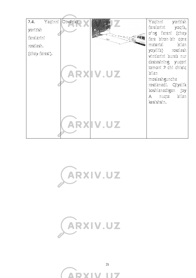 2.4. Yaqinni yoritish faralarini rostlash. (chap farasi). Otvertka. Yaqinni yoritish faralarini yoqib, o’ng farani (chap fara biron-bir qora material bilan yopilib) rostlash vintlarini burab nur dastasining yuqori tomoni 2 chi chiziq bilan moslashguncha rostlanadi. Qiyalik boshlanadigan joy A nuqta bilan kesishsin. 21 