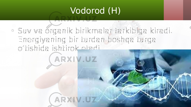 Vodorod (H) • Suv va organik birikmalar tarkibiga kiradi. Energiyaning bir turdan boshqa turga o‘tishida ishtirok etadi 