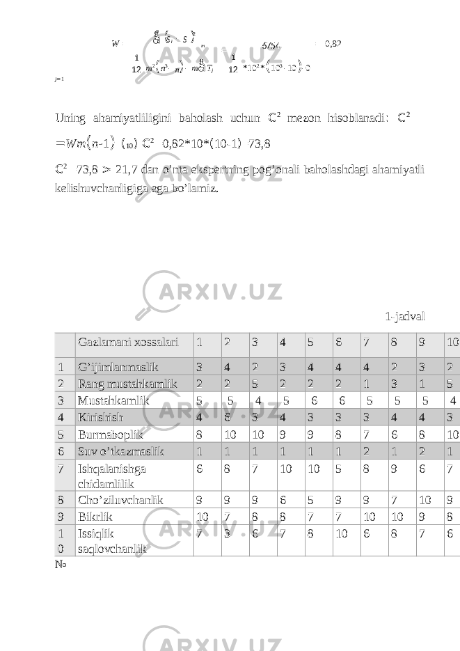 ( ) å -n i SS 2 12 1 12 1 6754 =W = 1 m = 0,82 m 2 ( n 3 - n ) - m å T j *10 2 * ( 10 3 - 10 ) - 0 j = 1 Uning ahamiyatliligini baholash uchun c 2 mezon hisoblanadi : c 2 = Wm ( n - 1 ) ( 10 ) c 2 =0,82*10* ( 10-1 ) =73,8 c 2 =73,8 > 21,7 dan o’nta ekspertning pog’onali baholashdagi ahamiyatli kelishuvchanligiga ega bo’lamiz. 1-jadval Gazlamani xossalari 1 2 3 4 5 6 7 8 9 10 1 G’ijimlanmaslik 3 4 2 3 4 4 4 2 3 2 2 Rang mustahkamlik 2 2 5 2 2 2 1 3 1 5 3 Mustahkamlik 5 5 4 5 6 6 5 5 5 4 4 Kirishish 4 6 3 4 3 3 3 4 4 3 5 Burmaboplik 8 10 10 9 9 8 7 6 8 10 6 Suv o’tkazmaslik 1 1 1 1 1 1 2 1 2 1 7 Ishqalanishga chidamlilik 6 8 7 10 10 5 8 9 6 7 8 Cho’ziluvchanlik 9 9 9 6 5 9 9 7 10 9 9 Bikrlik 10 7 8 8 7 7 10 10 9 8 1 0 Issiqlik saqlovchanlik 7 3 6 7 8 10 6 8 7 6 № 