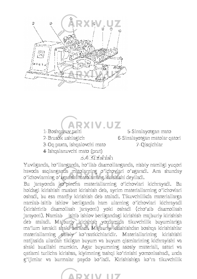 1-Bоshqаruv pulti 2-Brusоk ushlаgich 3-Оq pахtа, ishqаlоvchi mаtо 4-Ishqаlаnuvchi mаtо (prut) 5-Sinаlаyotgаn mаtо 6-Sinаlаyotgаn mаtоlаr qаtоri 7-Qisqichlаr 5.4 Kirishish Yuvilganda, ho’llanganda, ho’llab dazmollanganda, nisbiy namligi yuqori havoda saqlanganda matolarning o’lchovlari o’zgaradi. Ana shunday o’lchovlarning o’zgarishi matolarning kirishishi deyiladi. Bu jarayonda ko’pincha materiallarning o’lchovlari kichrayadi. Bu holdagi kirishish musbat kirishish deb, ayrim materiallarning o’lchovlari oshadi, bu esa manfiy kirishish deb ataladi. Tikuvchilikda materiallarga namlab-isitib ishlov berilganda ham ularning o’lchovlari kichrayadi ( kirishtirib dazmollash jarayoni ) yoki oshadi ( cho’zib dazmollash jarayoni ) . Namlab – isitib ishlov berilgandagi kirishish majburiy kirishish deb ataladi. Majburiy kirishish yordamida tikuvchilik buyumlariga ma’lum kerakli shakl beriladi. Majburiy kirishishdan boshqa kirishishlar materiallarning salbiy ko’rsatkichlaridir. Materiallarining kirishishi natijasida ulardan tikilgan buyum va buyum qismlarining kichrayishi va shakl buzilishi mumkin. Agar buyumning asosiy materiali, astari va qatlami turlicha kirishsa, kiyimning tashqi ko’rinishi yomonlashadi, unda g’ijimlar va burmalar paydo bo’ladi. Kirishishiga ko’ra tikuvchilik 