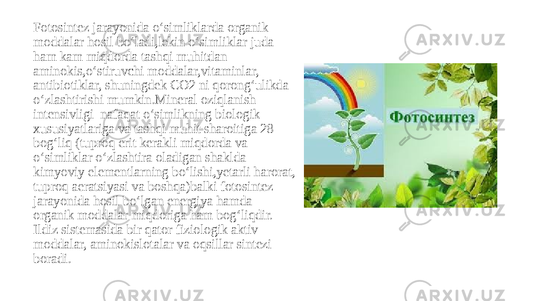 Fotosintez jarayonida o‘simliklarda organik moddalar hosil bo‘ladi,lekin o‘simliklar juda ham kam miqdorda tashqi muhitdan aminokis,o‘stiruvchi moddalar,vitaminlar, antibiotiklar, shuningdek CO2 ni qorong‘ulikda o‘zlashtirishi mumkin.Mineral oziqlanish intensivligi nafaqat o‘simlikning biologik xususiyatlariga va tashqi muhit sharoitiga 28 bog‘liq (tuproq erit kerakli miqdorda va o‘simliklar o‘zlashtira oladigan shaklda kimyoviy elementlarning bo‘lishi,yetarli harorat, tuproq aeratsiyasi va boshqa)balki fotosintez jarayonida hosil bo‘lgan energiya hamda organik moddalar miqdoriga ham bog‘liqdir. Ildiz sistemasida bir qator fiziologik aktiv moddalar, aminokislotalar va oqsillar sintezi boradi. 