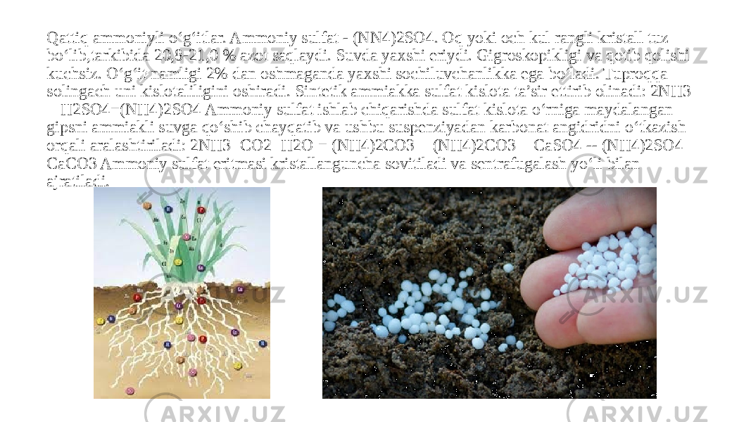 Qattiq ammoniyli o‘g‘itlar. Ammoniy sulfat - (NN4)2SO4. Oq yoki och kul rangli kristall tuz bo‘lib,tarkibida 20,8-21,0 % azot saqlaydi. Suvda yaxshi eriydi. Gigroskopikligi va qotib qolishi kuchsiz. O‘g‘it namligi 2% dan oshmaganda yaxshi sochiluvchanlikka ega bo‘ladi. Tuproqqa solingach uni kislotaliligini oshiradi. Sintetik ammiakka sulfat kislota ta’sir ettirib olinadi: 2NH3 + H2SO4=(NH4)2SO4 Ammoniy sulfat ishlab chiqarishda sulfat kislota o‘rniga maydalangan gipsni ammiakli suvga qo‘shib chayqatib va ushbu suspenziyadan karbonat angidridni o‘tkazish orqali aralashtiriladi: 2NH3+CO2+H2O = (NH4)2CO3 + (NH4)2CO3 + CaSO4 -- (NH4)2SO4+ CaCO3 Ammoniy sulfat eritmasi kristallanguncha sovitiladi va sentrafugalash yo‘li bilan ajratiladi. 