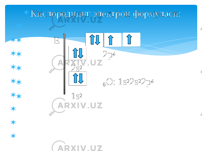  Кислороднинг электрон формуласи:  E  2p 4  2s 2  8 O: 1s 2 2s 2 2p 4  1s 2          