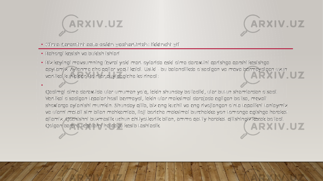 • Olma daraxtini asta-sekin yoshartirish: ikkinchi yil • Bahorgi kesish va bukish ishlari • Biz keyingi mavsumning fevral yoki mart oylarida eski olma daraxtini qarishga qarshi kesishga qaytamiz. Aylanma cho&#39;qqilar vaqti keldi. Ustki - bu balandlikda o&#39;sadigan va meva bermaydigan uzun vertikal kurtaklar. Bo&#39;rilar quyidagicha ko&#39;rinadi: • Qadimgi olma daraxtida ular umuman yo&#39;q, lekin shunday bo&#39;ladiki, ular butun shamlardan o&#39;sadi. Vertikal o&#39;sadigan tepalar hosil bermaydi, lekin ular maksimal darajada egilgan bo&#39;lsa, mevali shoxlarga aylanishi mumkin. Shunday qilib, biz eng kuchli va eng rivojlangan o&#39;nta tepalikni tanlaymiz va ularni metall sim bilan mahkamlab, iloji boricha maksimal burchakka yon tomonga egishga harakat qilamiz. Qochishni buzmaslik uchun ehtiyotkorlik bilan, ammo qat&#39;iy harakat qilishingiz kerak bo&#39;ladi. Qolgan barcha tepalarni halqaga kesib tashladik. 