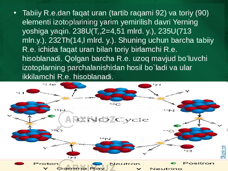 • Tabiiy R.e.dan fa q at uran (tartib raqami 92) va toriy (90) elementi izotoplarining yarim yemirilish davri Yerning yoshiga yaqin. 238U(T,,2=4,51 mlrd. y.), 235U(713 mln.y.), 232Th(14,l mlrd. y.). Shuning uchun barcha tabiiy R.e. ichida faqat uran bilan toriy birlamchi R.e. hisoblanadi. Qolgan barcha R.e. uzoq mavjud boʻluvchi izotoplarning parchalanishidan hosil bo ` ladi va ular ikkilamchi R.e. hisoblanadi. 