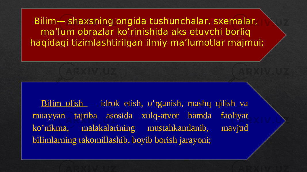 Bilim— shaxsning ongida tushunchalar, sxemalar, ma’lum obrazlar ko’rinishida aks etuvchi borliq haqidagi tizimlashtirilgan ilmiy ma’lumotlar majmui; Bilim olish — idrok etish, o’rganish, mashq qilish va muayyan tajriba asosida xulq-atvor hamda faoliyat ko’nikma, malakalarining mustahkamlanib, mavjud bilimlarning takomillashib, boyib borish jarayoni; 