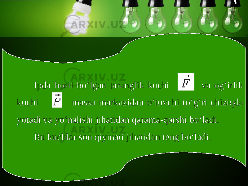 Ipda hosil bo‘lgan taranglik kuchi va og‘irlik kuchi massa markazidan o‘tuvchi to‘g‘ri chiziqda yotadi va yo‘nalishi jihatidan qarama-qarshi bo‘ladi. Bu kuchlar son qiymati jihatidan teng bo‘ladi. 