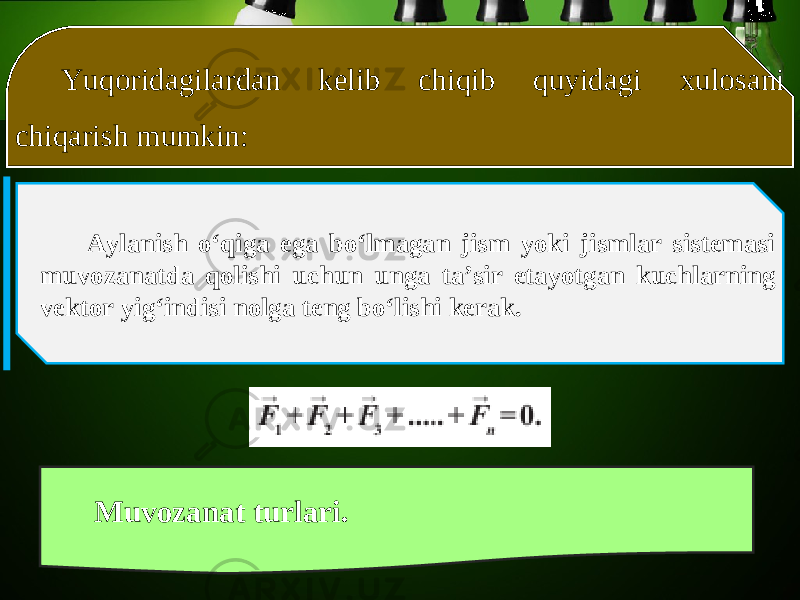 Yuqoridagilardan kelib chiqib quyidagi xulosani chiqarish mumkin: Aylanish o‘qiga ega bo‘lmagan jism yoki jismlar sistemasi muvozanatda qolishi uchun unga ta’sir etayotgan kuchlarning vektor yig‘indisi nolga teng bo‘lishi kerak. Muvozanat turlari. 