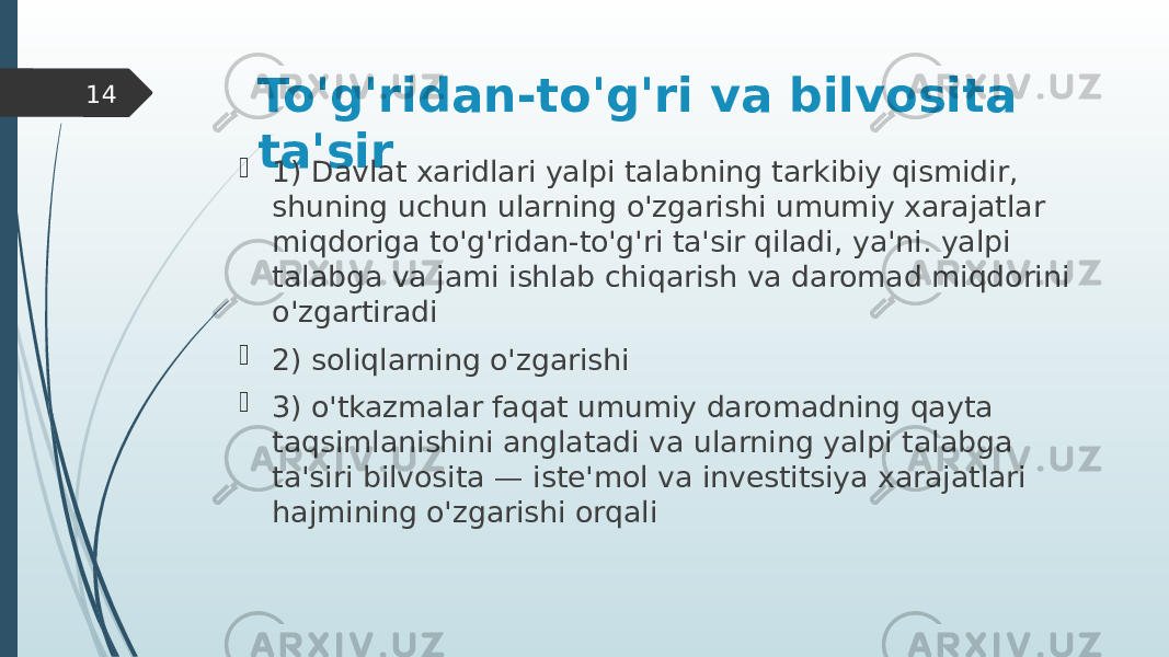 To&#39;g&#39;ridan-to&#39;g&#39;ri va bilvosita ta&#39;sir  1) Davlat xaridlari yalpi talabning tarkibiy qismidir, shuning uchun ularning o&#39;zgarishi umumiy xarajatlar miqdoriga to&#39;g&#39;ridan-to&#39;g&#39;ri ta&#39;sir qiladi, ya&#39;ni. yalpi talabga va jami ishlab chiqarish va daromad miqdorini o&#39;zgartiradi  2) soliqlarning o&#39;zgarishi  3) o&#39;tkazmalar faqat umumiy daromadning qayta taqsimlanishini anglatadi va ularning yalpi talabga ta&#39;siri bilvosita — iste&#39;mol va investitsiya xarajatlari hajmining o&#39;zgarishi orqali14 