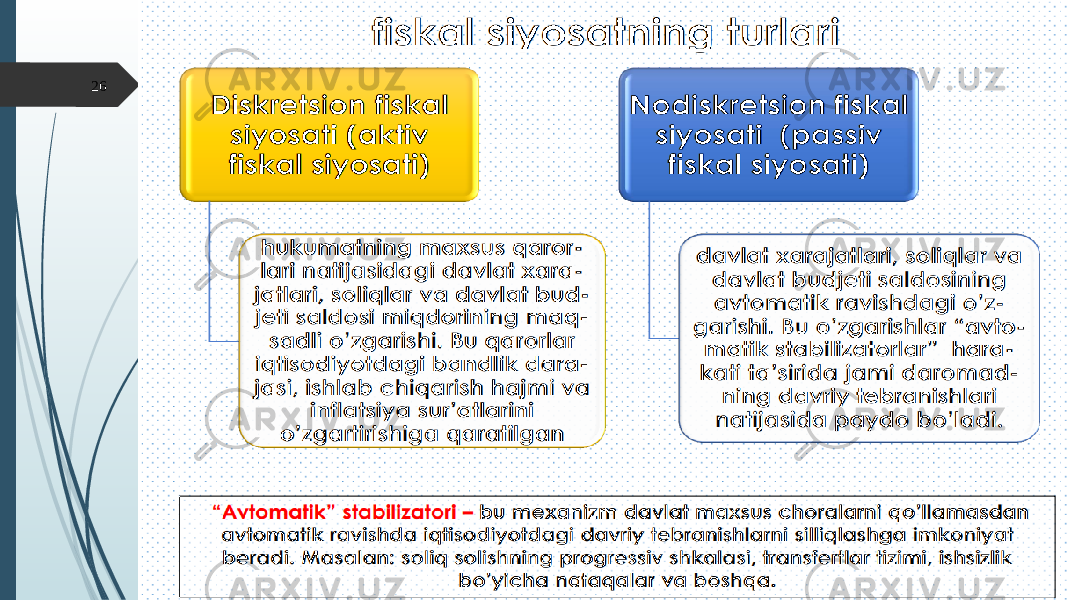 Ixtiyoriy va avtomatik fiskal siyosat Avtomatik fiskal siyosat iqtisodiyotda avtomatik (o&#39;rnatilgan stabilizatorlar) ta&#39;siriga asoslangan - iqtisodiy tebranishlarni avtomatik ravishda kamaytiradigan va ishlab chiqarishni barqarorlashtirishga yordam beradigan vositalar, iqtisodiyot to&#39;liq ish bilan ta&#39;minlash darajasidan yoki undan yuqoriga qarab harakatlanayotganda sof soliq tushumlarini avtomatik ravishda o&#39;zgartiradi.Ixtiyoriy (faol) fiskal siyosat umumiy xarajatlar darajasini o&#39;zgartirish va retsessiya yoki inflyatsiya tafovutini bartaraf etish maqsadida hukumat siyosatidagi o&#39;zgarishlar natijasida yuzaga keladigan davlat xarajatlari va/yoki soliqlarning rasmiy ravishda e&#39;lon qilingan o&#39;zgarishini nazarda tutadi.26 