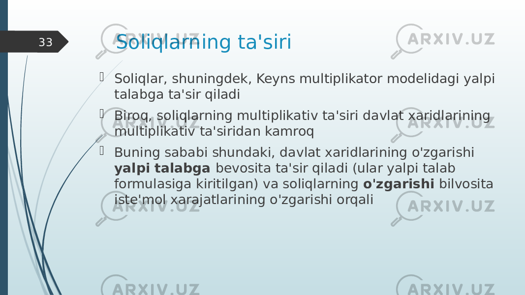 Soliqlarning ta&#39;siri  Soliqlar, shuningdek, Keyns multiplikator modelidagi yalpi talabga ta&#39;sir qiladi  Biroq, soliqlarning multiplikativ ta&#39;siri davlat xaridlarining multiplikativ ta&#39;siridan kamroq  Buning sababi shundaki, davlat xaridlarining o&#39;zgarishi yalpi talabga bevosita ta&#39;sir qiladi (ular yalpi talab formulasiga kiritilgan) va soliqlarning o&#39;zgarishi bilvosita iste&#39;mol xarajatlarining o&#39;zgarishi orqali33 