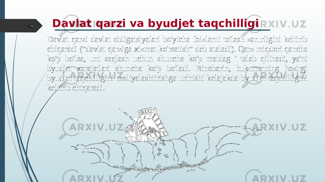 Davlat qarzi va byudjet taqchilligi Davlat qarzi davlat obligatsiyalari bo&#39;yicha foizlarni to&#39;lash zarurligini keltirib chiqaradi (&#34;davlat qarziga xizmat ko&#39;rsatish&#34; deb ataladi). Qarz miqdori qancha ko&#39;p bo&#39;lsa, uni saqlash uchun shuncha ko&#39;p mablag &#39; talab qilinadi, ya&#39;ni byudjet xarajatlari shuncha ko&#39;p bo&#39;ladi. Binobarin, hukumatning hozirgi byudjet taqchilligini moliyalashtirishga urinishi kelajakda byudjet taqchilligini keltirib chiqaradi.49 