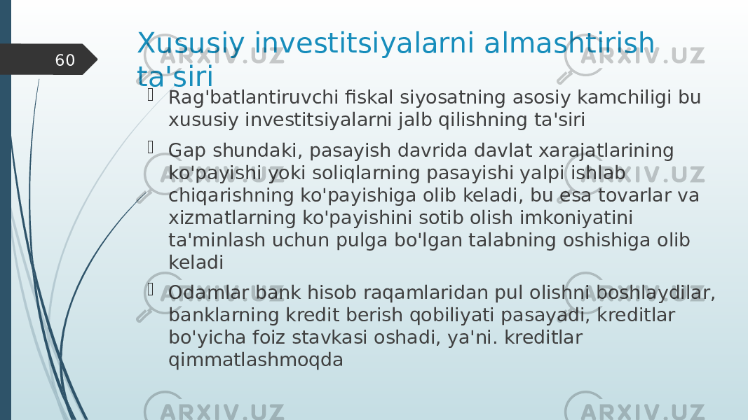 Xususiy investitsiyalarni almashtirish ta&#39;siri  Rag&#39;batlantiruvchi fiskal siyosatning asosiy kamchiligi bu xususiy investitsiyalarni jalb qilishning ta&#39;siri  Gap shundaki, pasayish davrida davlat xarajatlarining ko&#39;payishi yoki soliqlarning pasayishi yalpi ishlab chiqarishning ko&#39;payishiga olib keladi, bu esa tovarlar va xizmatlarning ko&#39;payishini sotib olish imkoniyatini ta&#39;minlash uchun pulga bo&#39;lgan talabning oshishiga olib keladi  Odamlar bank hisob raqamlaridan pul olishni boshlaydilar, banklarning kredit berish qobiliyati pasayadi, kreditlar bo&#39;yicha foiz stavkasi oshadi, ya&#39;ni. kreditlar qimmatlashmoqda60 