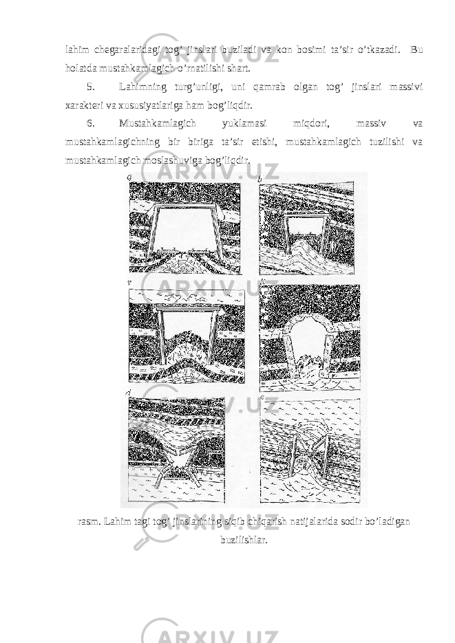 lahim chegaralaridagi tog’ jinslari buziladi va kon bosimi ta’sir o’tkazadi. Bu holatda mustahkamlagich o’rnatilishi shart. 5. Lahimning turg’unligi, uni qamrab olgan tog’ jinslari massivi xarakteri va xususiyatlariga ham bog’liqdir. 6. Mustahkamlagich yuklamasi miqdori, massiv va mustahkamlagichning bir biriga ta’sir etishi, mustahkamlagich tuzilishi va mustahkamlagich moslashuviga bog’liqdir. rasm. Lahim tagi tog’ jinslarining siqib chiqarish natijalarida sodir bo’ladigan buzilishlar. 