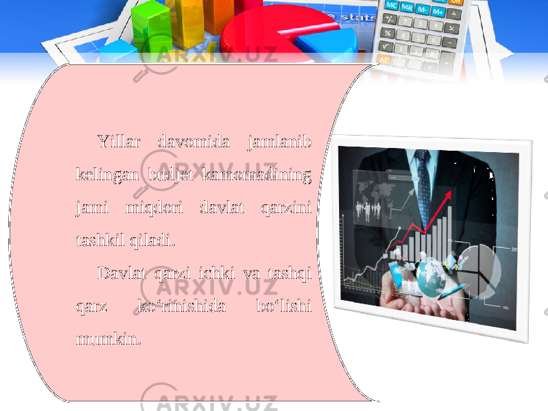 Yillar davomida jamlanib kelingan budjet kamomadining jami miqdori davlat qarzini tashkil qiladi. Davlat qarzi ichki va tashqi qarz ko‘rinishida bo‘lishi mumkin. 