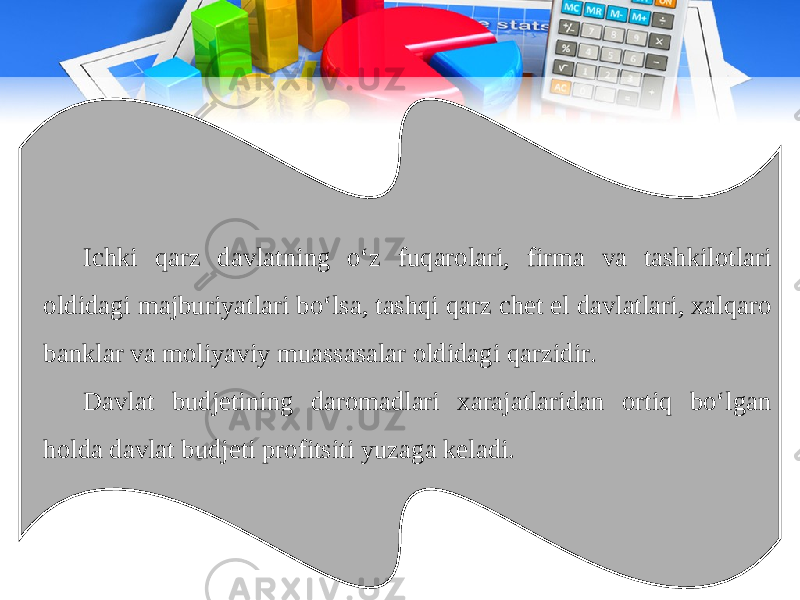 Ichki qarz davlatning o‘z fuqarolari, firma va tashkilotlari oldidagi majburiyatlari bo‘lsa, tashqi qarz chet el davlatlari, xalqaro banklar va moliyaviy muassasalar oldidagi qarzidir. Davlat budjetining daromadlari xarajatlaridan ortiq bo‘lgan holda davlat budjeti profitsiti yuzaga keladi. 