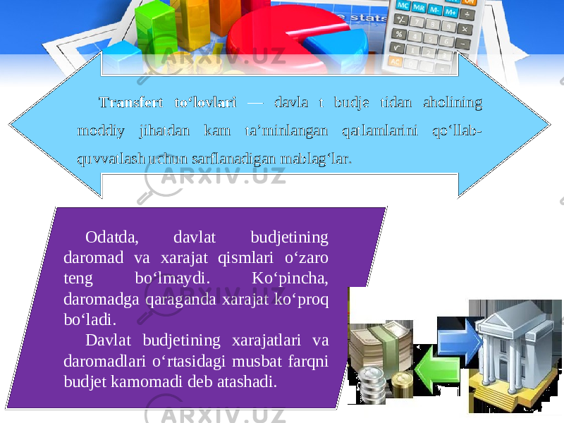 Transfert to‘lovlari — davla t budje tidan aholining moddiy jihatdan kam ta’minlangan qatlamlarini qo‘llab- quvvatlash uchun sarflanadigan mablag‘lar. Odatda, davlat budjetining daromad va xarajat qismlari o‘zaro teng bo‘lmaydi. Ko‘pincha, daromadga qaraganda xarajat ko‘proq bo‘ladi. Davlat budjetining xarajatlari va daromadlari o‘rtasidagi musbat farqni budjet kamomadi deb atashadi. 