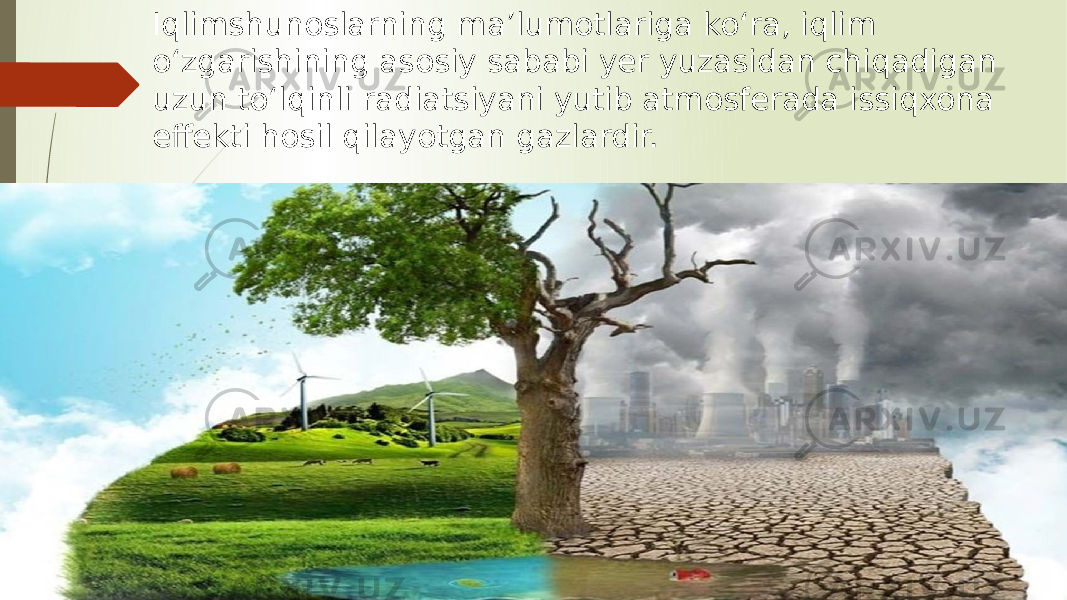 Iqlimshunoslarning maʼlumotlariga koʻra, iqlim oʻzgarishining asosiy sababi yer yuzasidan chiqadigan uzun toʻlqinli radiatsiyani yutib atmosferada issiqxona effekti hosil qilayotgan gazlardir. 