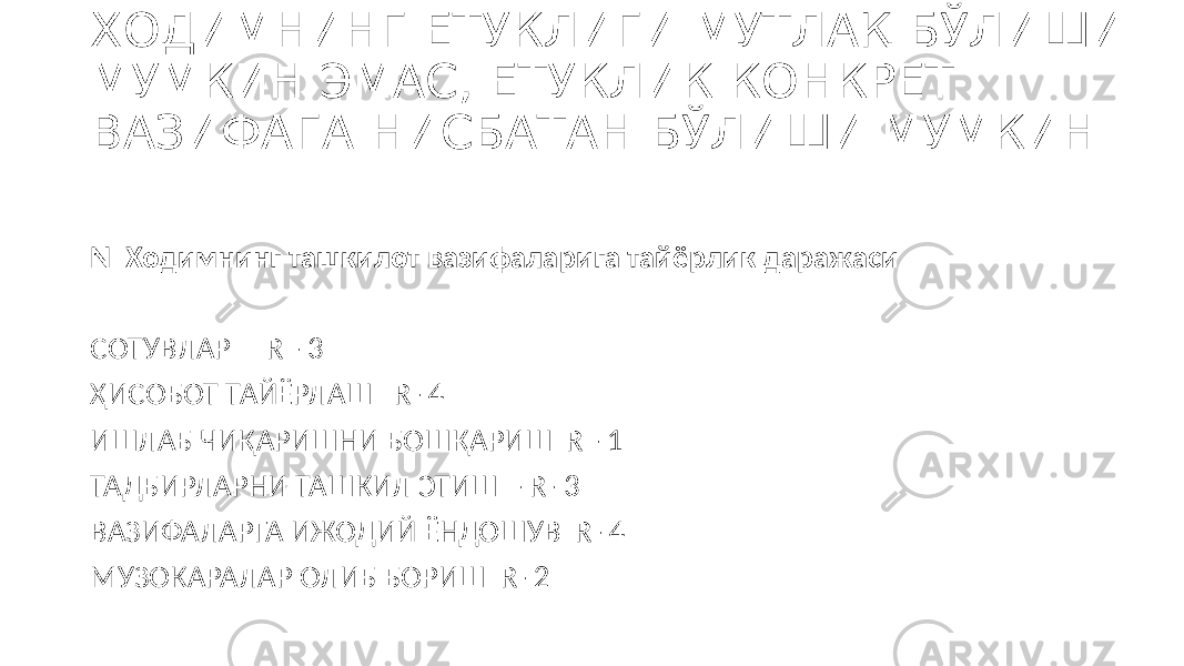 ХОДИМНИНГ ЕТУКЛИГИ МУТЛАҚ БЎЛИШИ МУМКИН ЭМАС, ЕТУКЛИК КОНКРЕТ ВАЗИФАГА НИСБАТАН БЎЛИШИ МУМКИН N Ходимнинг ташкилот вазифаларига тайёрлик даражаси СОТУВЛАР R - 3 ҲИСОБОТ ТАЙЁРЛАШ R- 4 ИШЛАБ ЧИҚАРИШНИ БОШҚАРИШ R - 1 ТАДБИРЛАРНИ ТАШКИЛ ЭТИШ - R- 3 ВАЗИФАЛАРГА ИЖОДИЙ ЁНДОШУВ R- 4 МУЗОКАРАЛАР ОЛИБ БОРИШ R- 2 