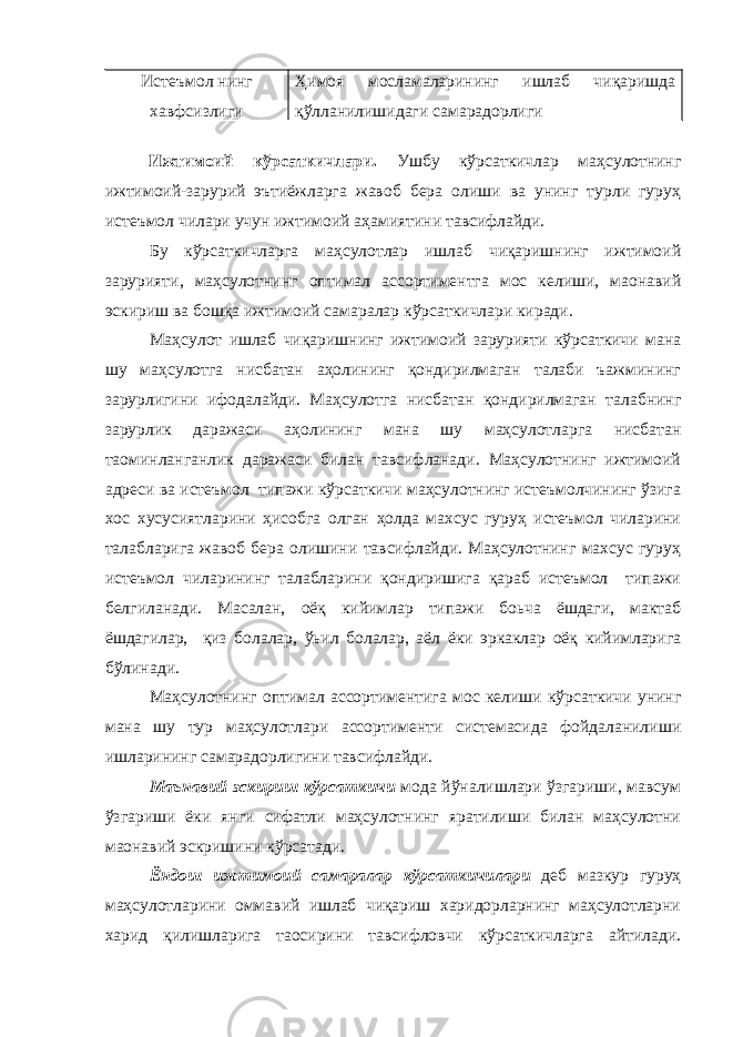 Истеъмол нинг хавфсизлиги Ҳ имоя мосламаларининг ишлаб чиқаришда қўлланилишидаги самарадорлиги Ижтимоий кўрсаткичлари. Ушбу кўрсаткичлар маҳсулотнинг ижтимоий-зарурий эътиёжларга жавоб бера олиши ва унинг турли гуруҳ истеъмол чилари учун ижтимоий аҳамиятини тавсифлайди. Бу кўрсаткичларга маҳсулотлар ишлаб чиқаришнинг ижтимоий зарурияти, маҳсулотнинг оптимал ассортиментга мос келиши, маонавий эскириш ва бошқа ижтимоий самаралар кўрсаткичлари киради. Маҳсулот ишлаб чиқаришнинг ижтимоий зарурияти кўрсаткичи мана шу маҳсулотга нисбатан аҳолининг қондирилмаган талаби ъажмининг зарурлигини ифодалайди. Маҳсулотга нисбатан қондирилмаган талабнинг зарурлик даражаси аҳолининг мана шу маҳсулотларга нисбатан таоминланганлик даражаси билан тавсифланади. Маҳсулотнинг ижтимоий адреси ва истеъмол типажи кўрсаткичи маҳсулотнинг истеъмолчининг ўзига хос хусусиятларини ҳисобга олган ҳолда махсус гуруҳ истеъмол чиларини талабларига жавоб бера олишини тавсифлайди. Маҳсулотнинг махсус гуруҳ истеъмол чиларининг талабларини қондиришига қараб истеъмол типажи белгиланади. Масалан, оёқ кийимлар типажи боьча ёшдаги, мактаб ёшдагилар, қиз болалар, ўьил болалар, аёл ёки эркаклар оёқ кийимларига бўлинади. Маҳсулотнинг оптимал ассортиментига мос келиши кўрсаткичи унинг мана шу тур маҳсулотлари ассортименти системасида фойдаланилиши ишларининг самарадорлигини тавсифлайди. Маънавий эскириш кўрсаткичи мода йўналишлари ўзгариши, мавсум ўзгариши ёки янги сифатли маҳсулотнинг яратилиши билан маҳсулотни маонавий эскришини кўрсатади. Ёндош ижтимоий самаралар кўрсаткичилари деб мазкур гуруҳ маҳсулотларини оммавий ишлаб чиқариш харидорларнинг маҳсулотларни харид қилишларига таосирини тавсифловчи кўрсаткичларга айтилади. 