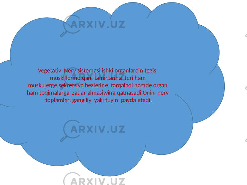 Vegetativ Nerv sistemasi ishki organlardin tegis muskillerine,qan tamirlarina teri ham muskulerge,sekretsiya bezlerine tarqaladi hamde organ ham toqimalarga zatlar almasiwina qatnasadi.Onin nerv toplamlari gangiliy yaki tuyin payda etedi . 