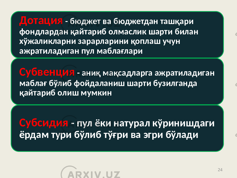 24Дотация - бюджет ва бюджетдан ташқари фондлардан қайтариб олмаслик шарти билан хўжаликларни зарарларини қоплаш учун ажратиладиган пул маблағлари Субвенция - аниқ мақсадларга ажратиладиган маблағ бўлиб фойдаланиш шарти бузилганда қайтариб олиш мумкин Субсидия - пул ёки натурал кўринишдаги ёрдам тури бўлиб тўғри ва эгри бўлади 