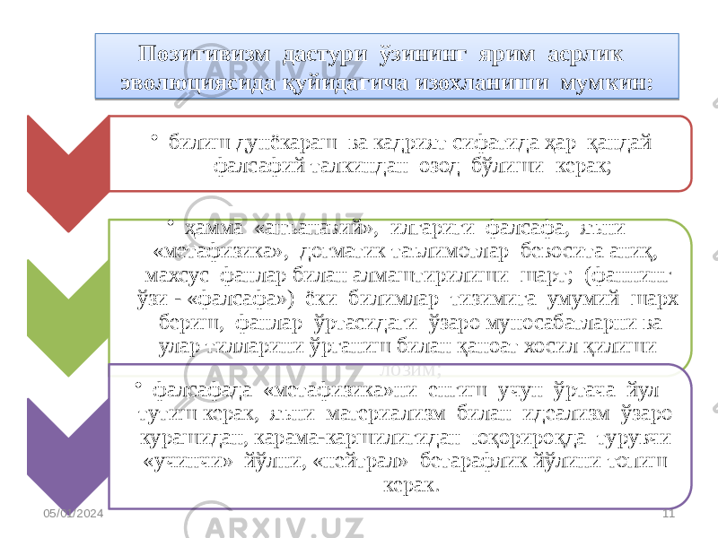 Позитивизм дастури ўзининг ярим асрлик эволюциясида қуйидагича изохланиши мумкин: • билиш дунёкараш ва кадрият сифатида ҳар қандай фалсафий талкиндан озод бўлиши керак; • ҳамма «анъанавий», илгариги фалсафа, яъни «метафизика», догматик таълимотлар бевосита аниқ, махсус фанлар билан алмаштирилиши шарт; (фаннинг ўзи - «фалсафа») ёки билимлар тизимига умумий шарх бериш, фанлар ўртасидаги ўзаро муносабатларни ва улар тилларини ўрганиш билан қаноат хосил қилиши лозим; • фалсафада «метафизика»ни енгиш учун ўртача йул тутиш керак, яъни материализм билан идеализм ўзаро курашидан, карама-каршилигидан юқорироқда турувчи «учинчи» йўлни, «нейтрал» бетарафлик йўлини топиш керак. 05/01/2024 1129 2F 