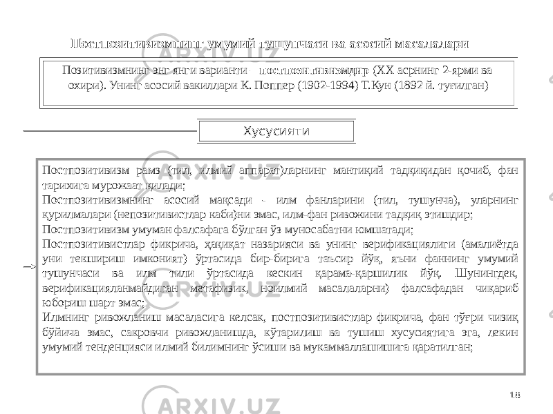 18Хусусияти Постпозитивизм рамз (тил, илмий аппарат)ларнинг мантиқий тадқиқидан қочиб, фан тарихига мурожаат қилади; Постпозитивизмнинг асосий мақсади - илм фанларини (тил, тушунча), уларнинг қурилмалари (непозитивистлар каби)ни эмас, илм-фан ривожини тадқиқ этишдир; Постпозитивизм умуман фалсафага бўлган ўз муносабатни юмшатади; Постпозитивистлар фикрича, ҳақиқат назарияси ва унинг верификациялиги (амалиётда уни текшириш имконият) ўртасида бир-бирига таъсир йўқ, яъни фаннинг умумий тушунчаси ва илм тили ўртасида кескин қарама-қаршилик йўқ. Шунингдек, верификацияланмайдиган метафизик, ноилмий масалаларни) фалсафадан чиқариб юбориш шарт эмас; Илмнинг ривожланиш масаласига келсак, постпозитивистлар фикрича, фан тўғри чизиқ бўйича эмас, сакровчи ривожланишда, кўтарилиш ва тушиш хусусиятига эга, лекин умумий тенденцияси илмий билимнинг ўсиши ва мукаммаллашишига қаратилган; Позитивизмнинг энг янги варианти – постпозитивизмдир (XX асрнинг 2-ярми ва охири). Унинг асосий вакиллари К. Поппер (1902-1994) Т.Кун (1892 й. туғилган) Постпозитивизмнинг умумий тушунчаси ва асосий масалалари 