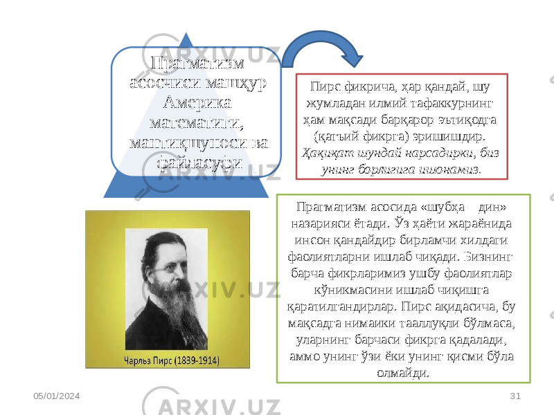 Пирс фикрича, ҳар қандай, шу жумладан илмий тафаккурнинг ҳам мақсади барқарор эътиқодга (қатъий фикрга) эришишдир. Ҳақиқат шундай нарсадирки, биз унинг борлигига ишонамиз.Прагматизм асосчиси машҳур Америка математиги, мантиқшуноси ва файласуфи 05/01/2024 31Прагматизм асосида «шубҳа – дин» назарияси ётади. Ўз ҳаёти жараёнида инсон қандайдир бирламчи хилдаги фаолиятларни ишлаб чиқади. Бизнинг барча фикрларимиз ушбу фаолиятлар кўникмасини ишлаб чиқишга қаратилгандирлар. Пирс ақидасича, бу мақсадга нимаики тааллуқли бўлмаса, уларнинг барчаси фикрга қадалади, аммо унинг ўзи ёки унинг қисми бўла олмайди. 