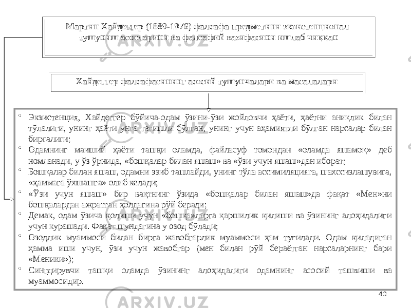 40Мартин Хайдеггер (1889-1976) фалсафа предметини экзистенционал тушуниш асосларини ва фалсафий вазифасини ишлаб чиққан Хайдеггер фалсафасининг асосий тушунчалари ва масалалари • Экзистенция, Хайдеггер бўйича-одам ўзини-ўзи жойловчи ҳаёти, ҳаётни аниқлик билан тўлалиги, унинг ҳаёти унга тегишли бўлган, унинг учун аҳамиятли бўлган нарсалар билан биргалиги; • Одамнинг маиший ҳаёти ташқи оламда, файласуф томондан «оламда яшамоқ» деб номланади, у ўз ўрнида, «бошқалар билан яшаш» ва «ўзи учун яшаш»дан иборат; • Бошқалар билан яшаш, одамни эзиб ташлайди, унинг тўла ассимиляцияга, шахссизлашувига, «ҳаммага ўхшашга» олиб келади; • «Ўзи учун яшаш» бир вақтнинг ўзида «бошқалар билан яшаш»да фақат «Мен»ни бошқалардан ажратган ҳолдагина рўй беради; • Демак, одам ўзича қолиши учун «бошқа»ларга қаршилик қилиши ва ўзининг алоҳидалиги учун курашади. Фақат шундагина у озод бўлади; • Озодлик муаммоси билан бирга жавобгарлик муаммоси ҳам туғилади. Одам қиладиган ҳамма иши учун, ўзи учун жавобгар (мен билан рўй бераётган нарсаларнинг бари «Меники»); • Сингдирувчи ташқи оламда ўзининг алоҳидалиги одамнинг асосий ташвиши ва муаммосидир. 