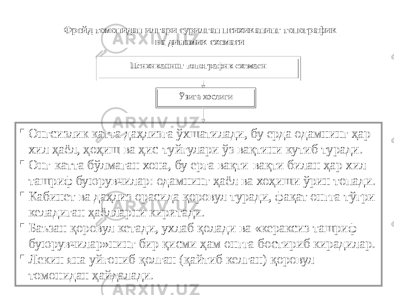 42Психиканинг топографик схемаси Ўзига хослиги  Онгсизлик катта даҳлизга ўхшатилади, бу ерда одамнинг ҳар хил ҳаёл, ҳоҳиш ва ҳис-туйғулари ўз вақтини кутиб туради.  Онг-катта бўлмаган хона, бу ерга вақти-вақти билан ҳар хил ташриф буюрувчилар: одамнинг ҳаёл ва хоҳиши ўрин топади.  Кабинет ва даҳлиз орасида қоровул туради, фақат онгга тўғри келадиган ҳаёлларни киритади.  Баъзан қоровул кетади, ухлаб қолади ва «кераксиз ташриф буюрувчилар»нинг бир қисми ҳам онгга бостириб кирадилар.  Лекин яна уйғониб қолган (қайтиб келган) қоровул томонидан ҳайдалади. Фрейд томонидан илгари сурилган психиканинг топографик ва динамик схемаси 