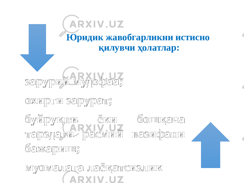 зарурий мудофаа; охирги зарурат; буйруқни ёки бошқача тарздаги расмий вазифани бажариш; муомалага лаёқатсизлик Юридик жавобгарликни истисно қилувчи ҳолатлар: 