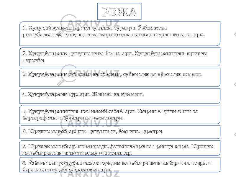 РЕЖА 1. Ҳуқуқий хулқ-атвор: тушунчаси, турлари. Ўзбекистон республикасида қонунга итоаткор шахсни шакллантириш масалалари. 2. Ҳуқуқбузарлик тушунчаси ва белгилари. Ҳуқуқбузарликнинг юридик таркиби 3. Ҳуқуқбузарлик субъекти ва объекти, субъектив ва объектив томони. 4. Ҳуқуқбузарлик турлари. Жиноят ва қилмиш. 5. Ҳуқуқбузарликнинг ижтимоий сабаблари. Уларни олдини олиш ва бартараф этиш йўллари ва воситалари. 6. Юридик жавобгарлик: тушунчаси, белгиси, турлари. 7 . Юридик жавобгарлик мақсади, функциялари ва принциплари. Юридик жавобгарликни истисно қилувчи ҳолатлар. 8 . Ўзбекистон республикасида юридик жавобгарликни либераллаштириш борасидаги суд-ҳуқуқ ислоҳотлари. 