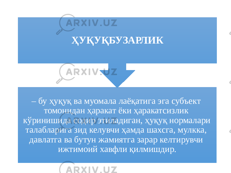 – бу ҳуқуқ ва муомала лаёқатига эга субъект томонидан ҳаракат ёки ҳаракатсизлик кўринишида содир этиладиган, ҳуқуқ нормалари талабларига зид келувчи ҳамда шахсга, мулкка, давлатга ва бутун жамиятга зарар келтирувчи ижтимоий хавфли қилмишдир. ҲУҚУҚБУЗАРЛИК 