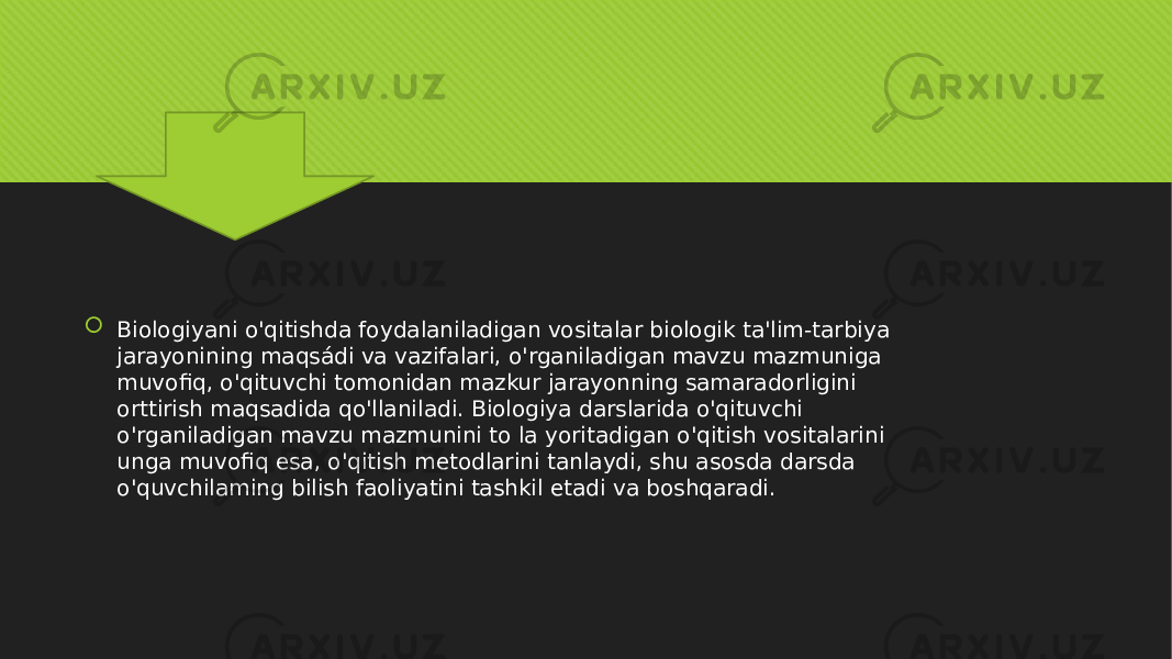  Biologiyani o&#39;qitishda foydalaniladigan vositalar biologik ta&#39;lim-tarbiya jarayonining maqsádi va vazifalari, o&#39;rganiladigan mavzu mazmuniga muvofiq, o&#39;qituvchi tomonidan mazkur jarayonning samaradorligini orttirish maqsadida qo&#39;llaniladi. Biologiya darslarida o&#39;qituvchi o&#39;rganiladigan mavzu mazmunini to la yoritadigan o&#39;qitish vositalarini unga muvofiq esa, o&#39;qitish metodlarini tanlaydi, shu asosda darsda o&#39;quvchilaming bilish faoliyatini tashkil etadi va boshqaradi.01 01 1707 15 0312 030A 1B0805 030A 