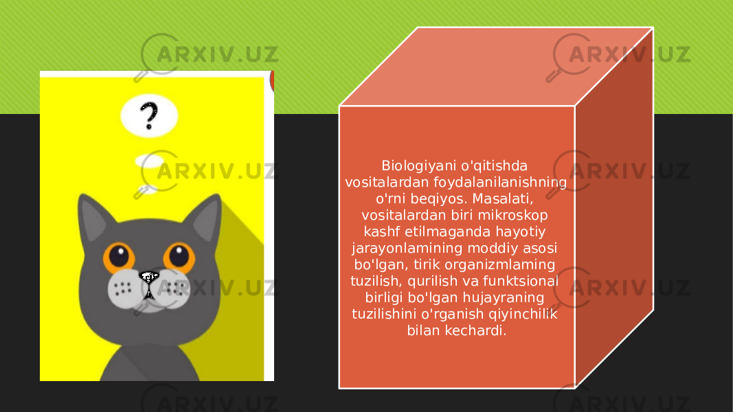 Biologiyani o&#39;qitishda vositalardan foydalanilanishning o&#39;rni beqiyos. Masalati, vositalardan biri mikroskop kashf etilmaganda hayotiy jarayonlamining moddiy asosi bo&#39;lgan, tirik organizmlaming tuzilish, qurilish va funktsional birligi bo&#39;lgan hujayraning tuzilishini o&#39;rganish qiyinchilik bilan kechardi. 