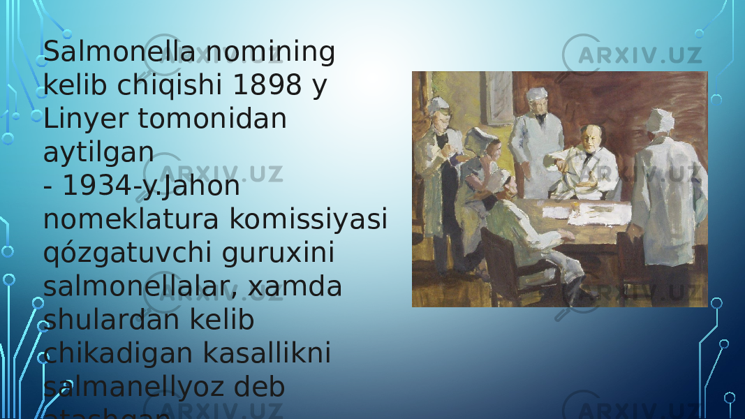 Salmonella nomining kelib chiqishi 1898 y Linyer tomonidan aytilgan - 1934-y.Jahon nomeklatura komissiyasi qózgatuvchi guruxini salmonellalar, xamda shulardan kelib chikadigan kasallikni salmanellyoz deb atashgan 