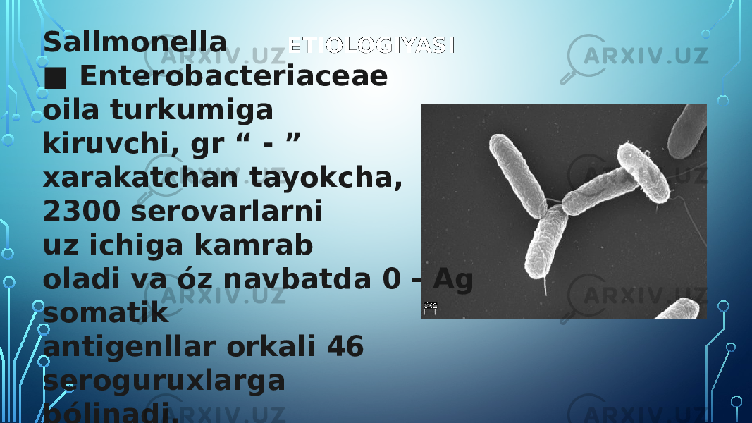 ETIOLOGIYASISallmonella ■ Enterobacteriaceae oila turkumiga kiruvchi, gr “ - ” xarakatchan tayokcha, 2300 serovarlarni uz ichiga kamrab oladi va óz navbatda 0 - Ag somatik antigenllar orkali 46 seroguruxlarga bólinadi. 